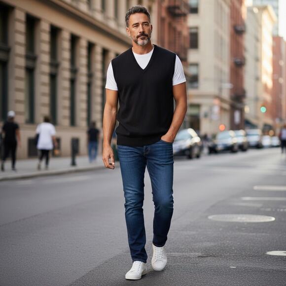 Woodward Shop V-Neck Sleeveless Lambswool Vest Black Medium Made in Scotland - Picture 1 of 7